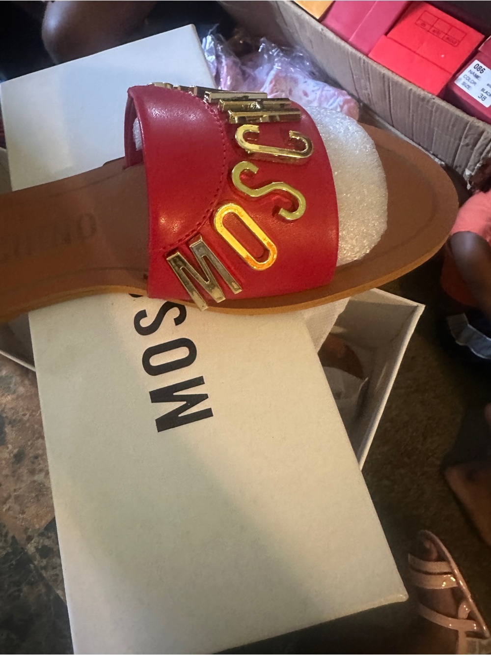 Moschino Red Slide Sandal with Gold Lettering
